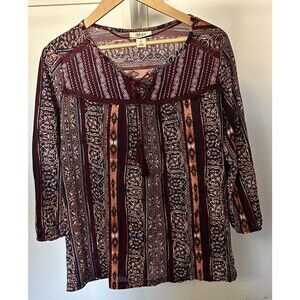 Style&co Paisley Red Orange Black & Blue Boho Tie-Neck Tunic Blouse Size Small